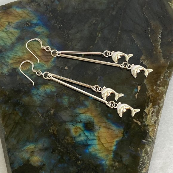Sterling Silver 925 2.5" Long Bar Dainty Jumping Dolphin Dangle Earrings - Picture 5 of 16